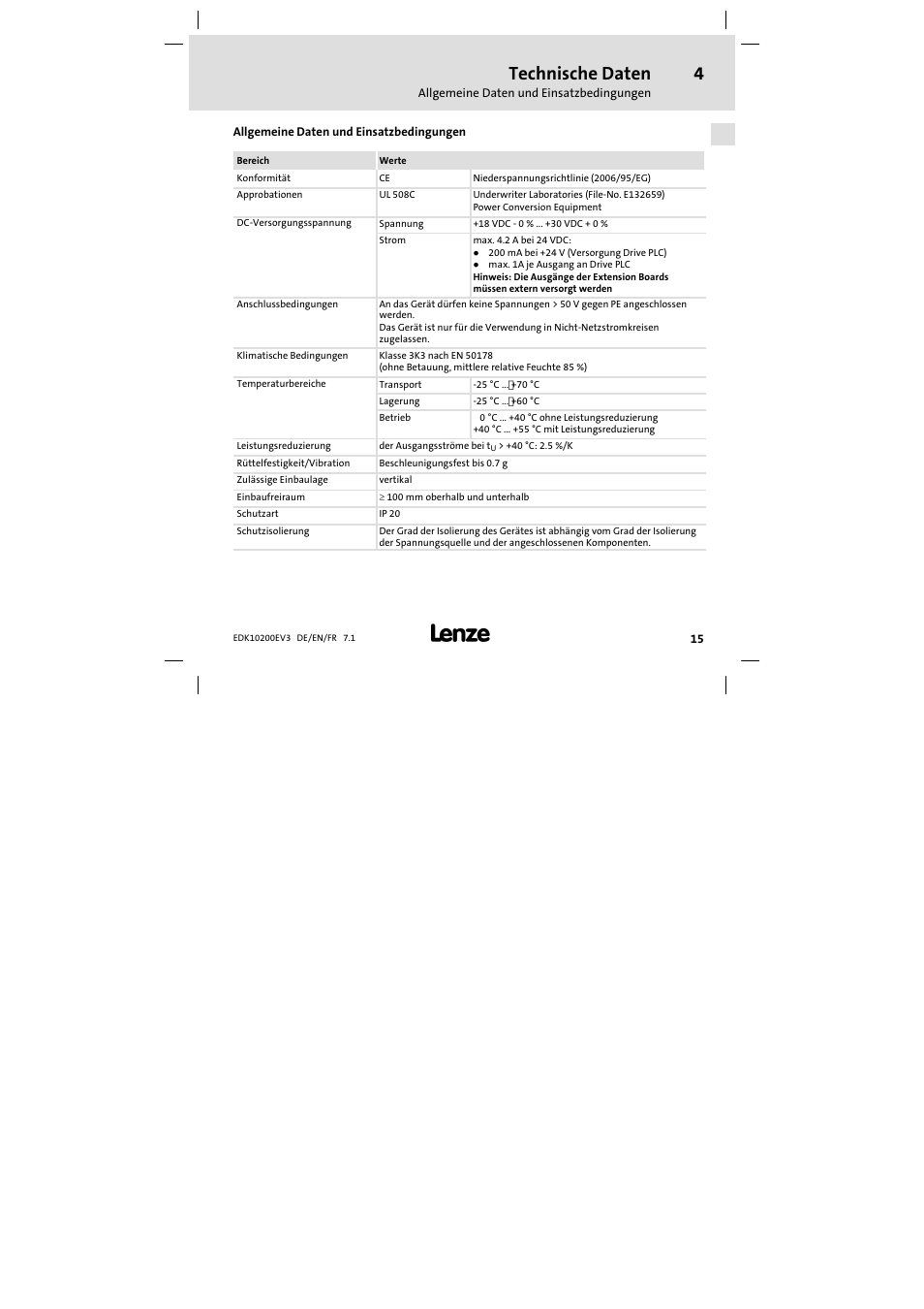 4 technische daten, Allgemeine daten und einsatzbedingungen, Technische daten | Lenze EPL1020x−EI User Manual | Page 15 / 110