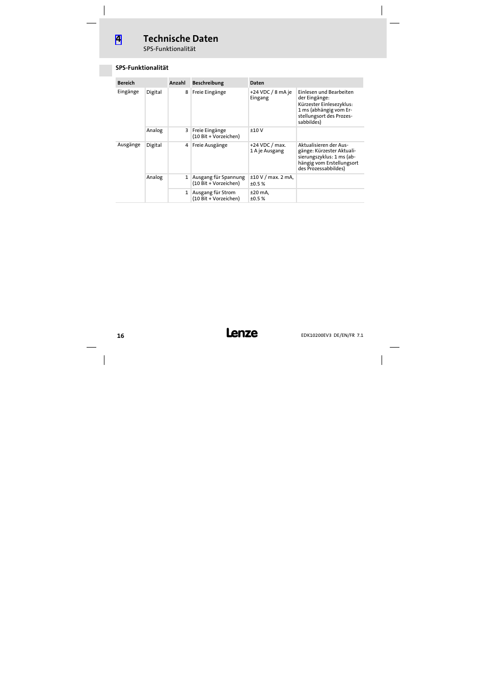 Sps-funktionalität, Sps−funktionalität, Technische daten | Lenze EPL1020x−EI User Manual | Page 16 / 110