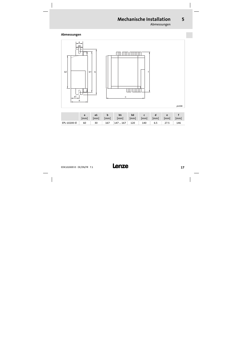 5 mechanische installation, Abmessungen, Mechanische installation | Lenze EPL1020x−EI User Manual | Page 17 / 110
