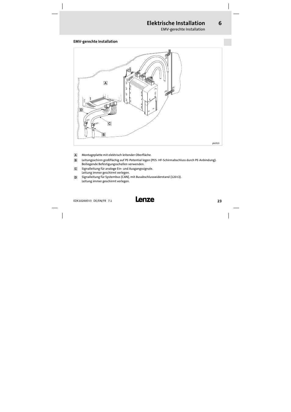 6 elektrische installation, Emv-gerechte installation, Emv−gerechte installation | Elektrische installation | Lenze EPL1020x−EI User Manual | Page 23 / 110