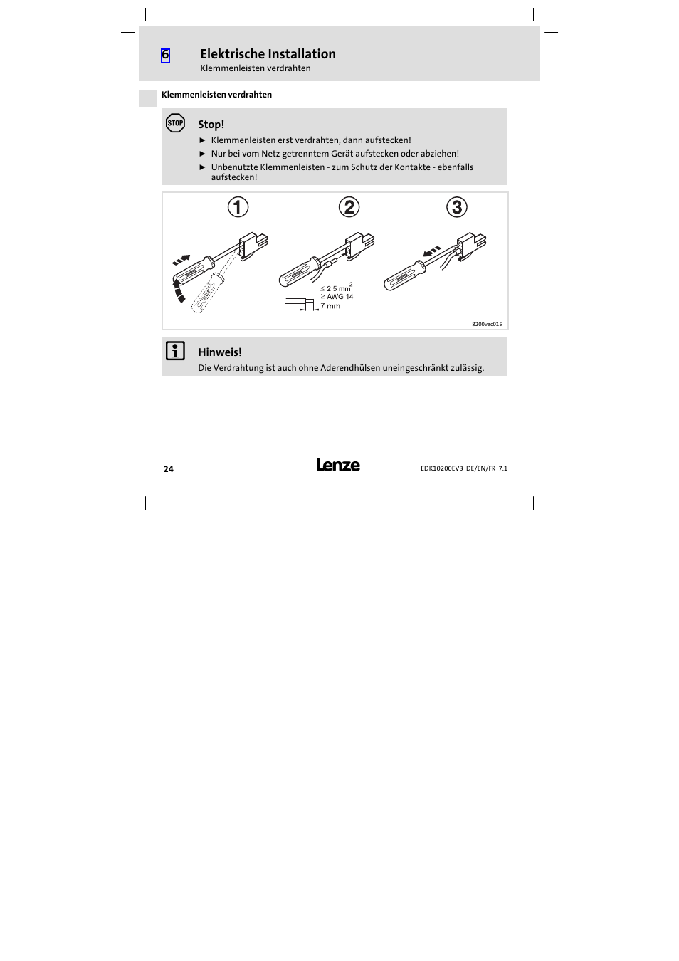 Klemmenleisten verdrahten, Elektrische installation | Lenze EPL1020x−EI User Manual | Page 24 / 110