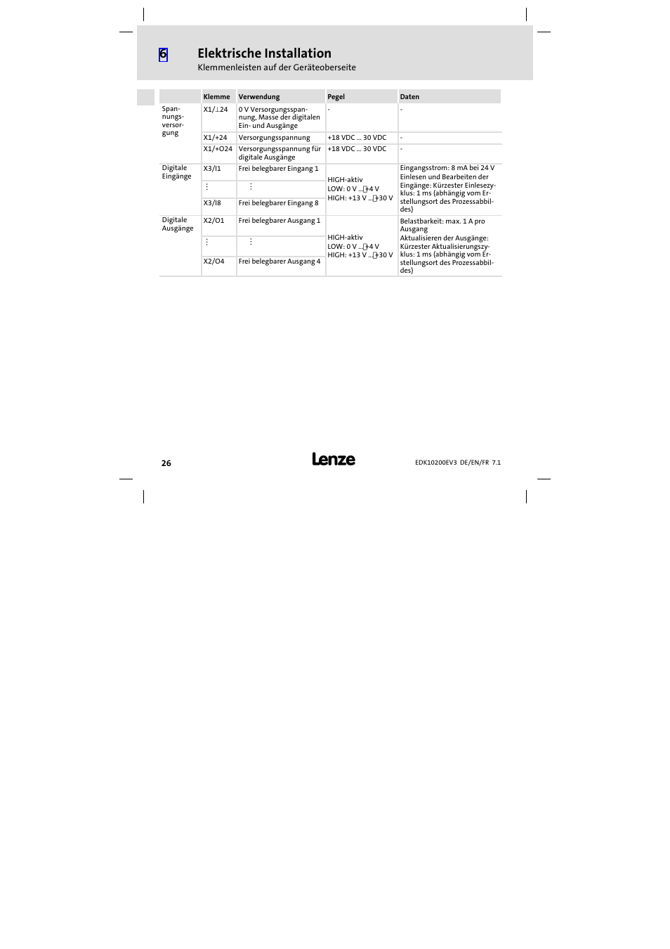 Elektrische installation | Lenze EPL1020x−EI User Manual | Page 26 / 110