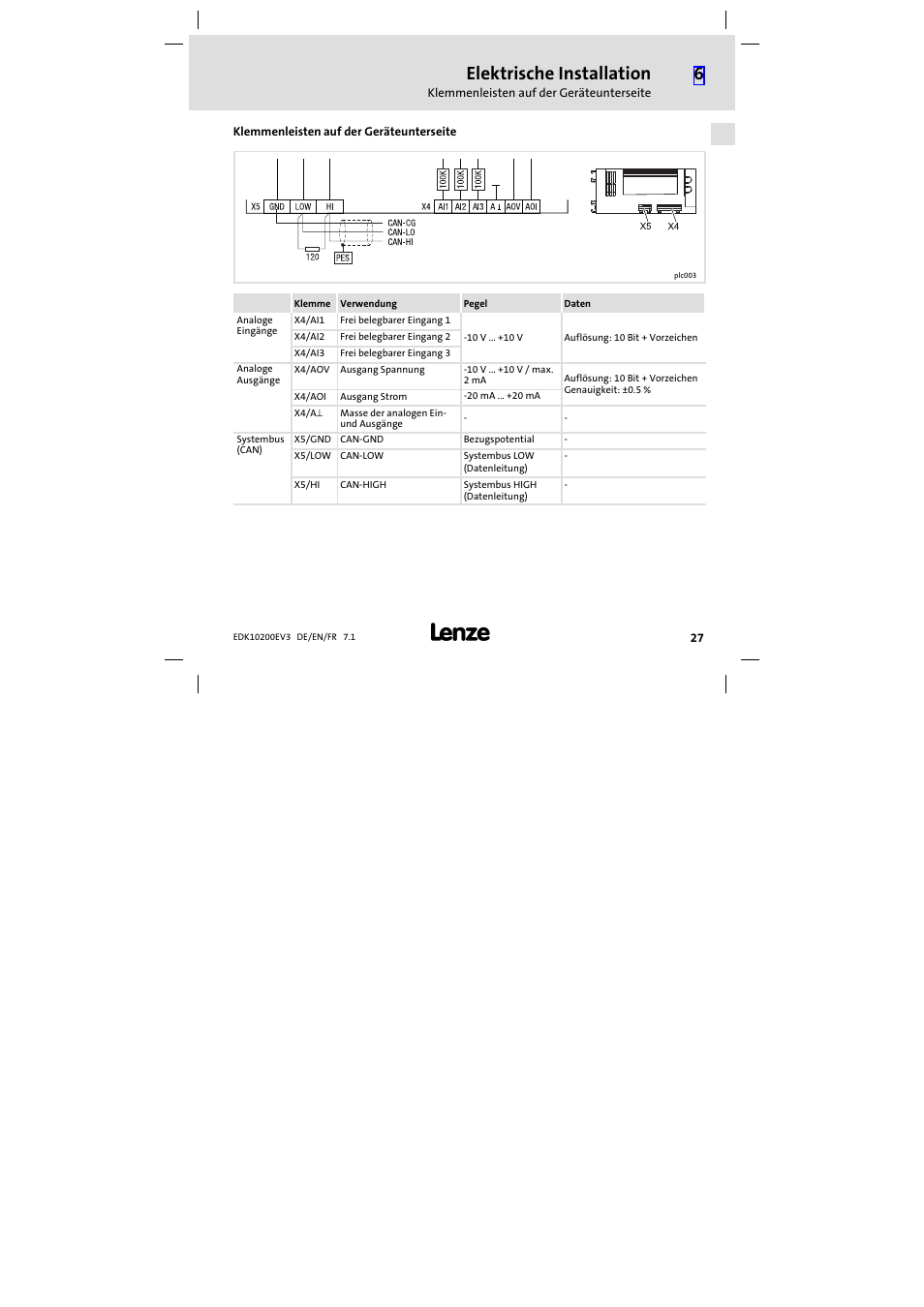 Klemmenleisten auf der geräteunterseite, Elektrische installation | Lenze EPL1020x−EI User Manual | Page 27 / 110