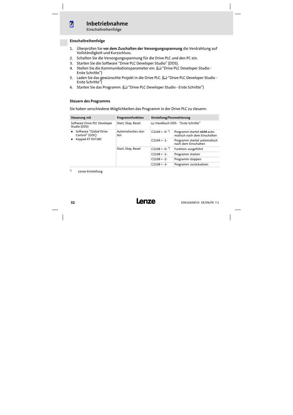 Einschaltreihenfolge, Steuern des programms, Inbetriebnahme | Lenze EPL1020x−EI User Manual | Page 32 / 110