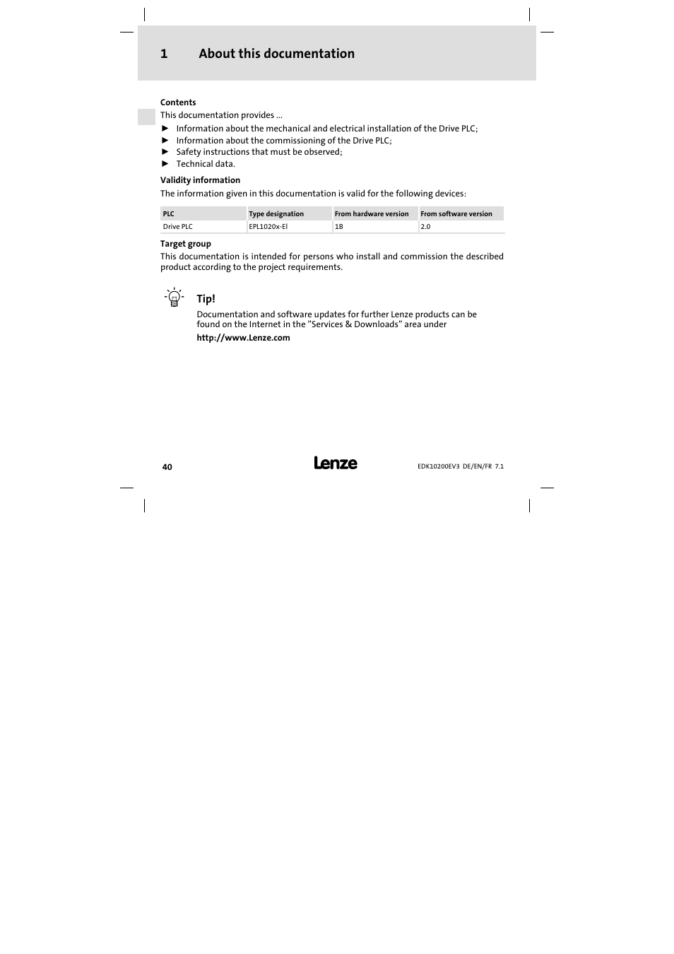 1 about this documentation, About this documentation 1 | Lenze EPL1020x−EI User Manual | Page 40 / 110