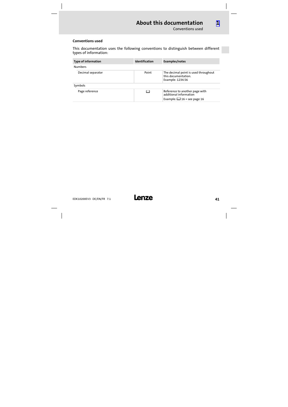 Conventions used, About this documentation | Lenze EPL1020x−EI User Manual | Page 41 / 110