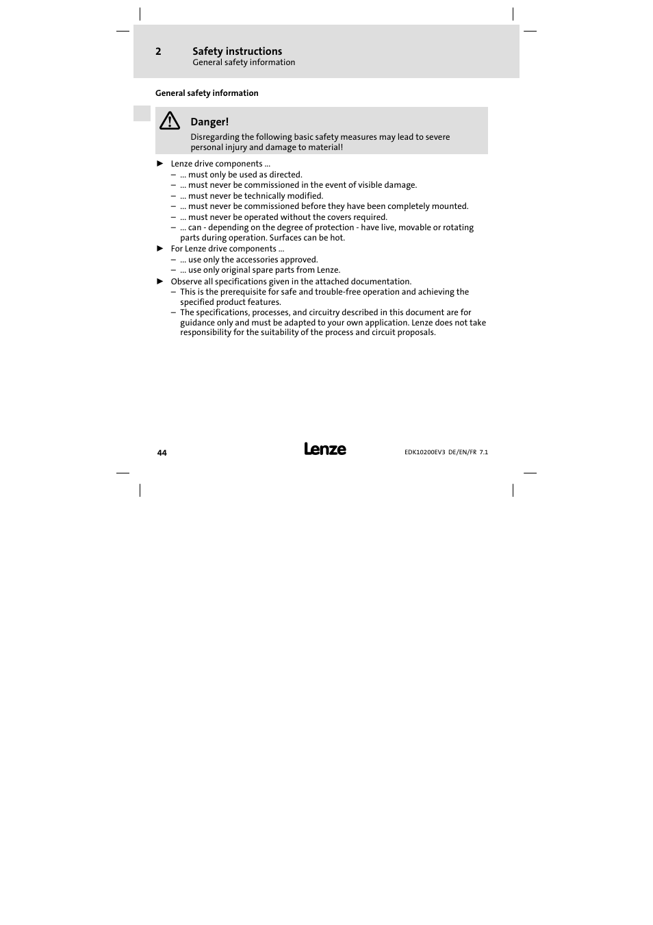 2 safety instructions, General safety information | Lenze EPL1020x−EI User Manual | Page 44 / 110