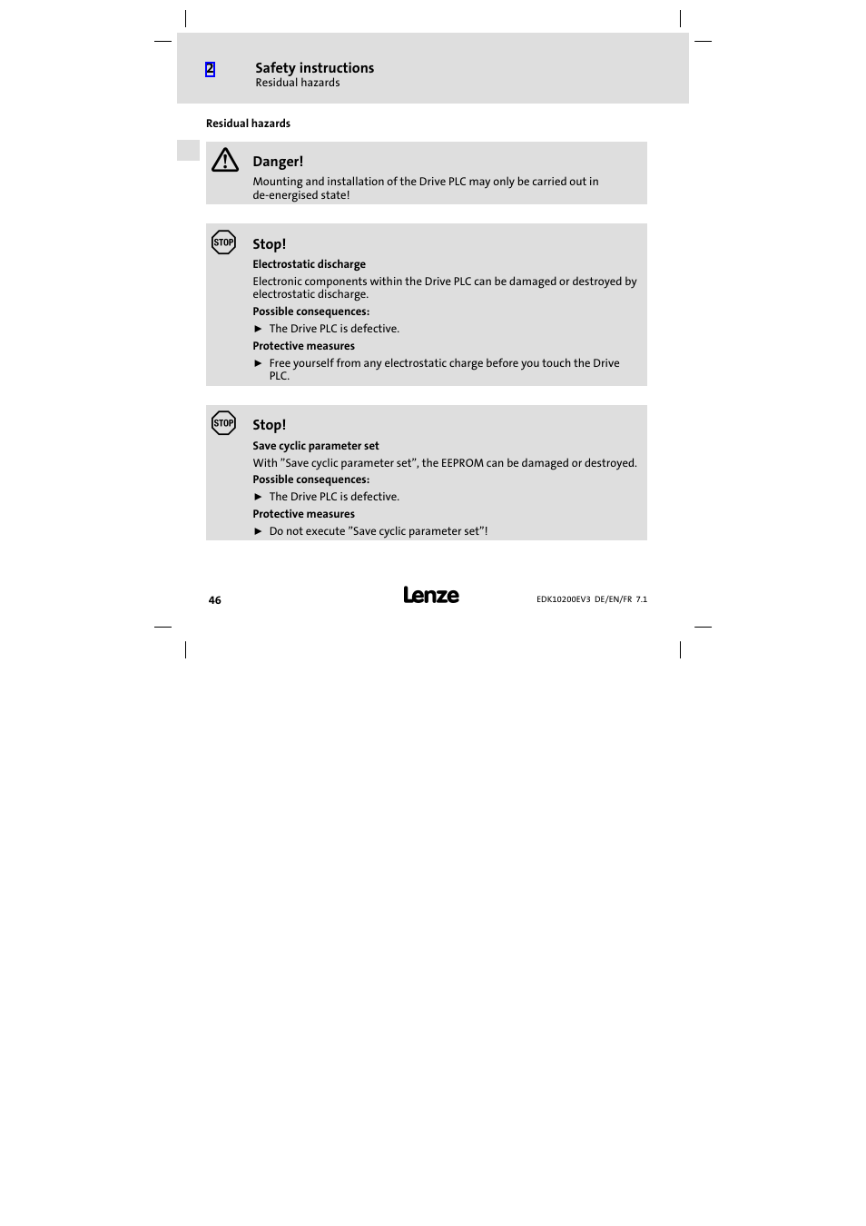 Residual hazards | Lenze EPL1020x−EI User Manual | Page 46 / 110