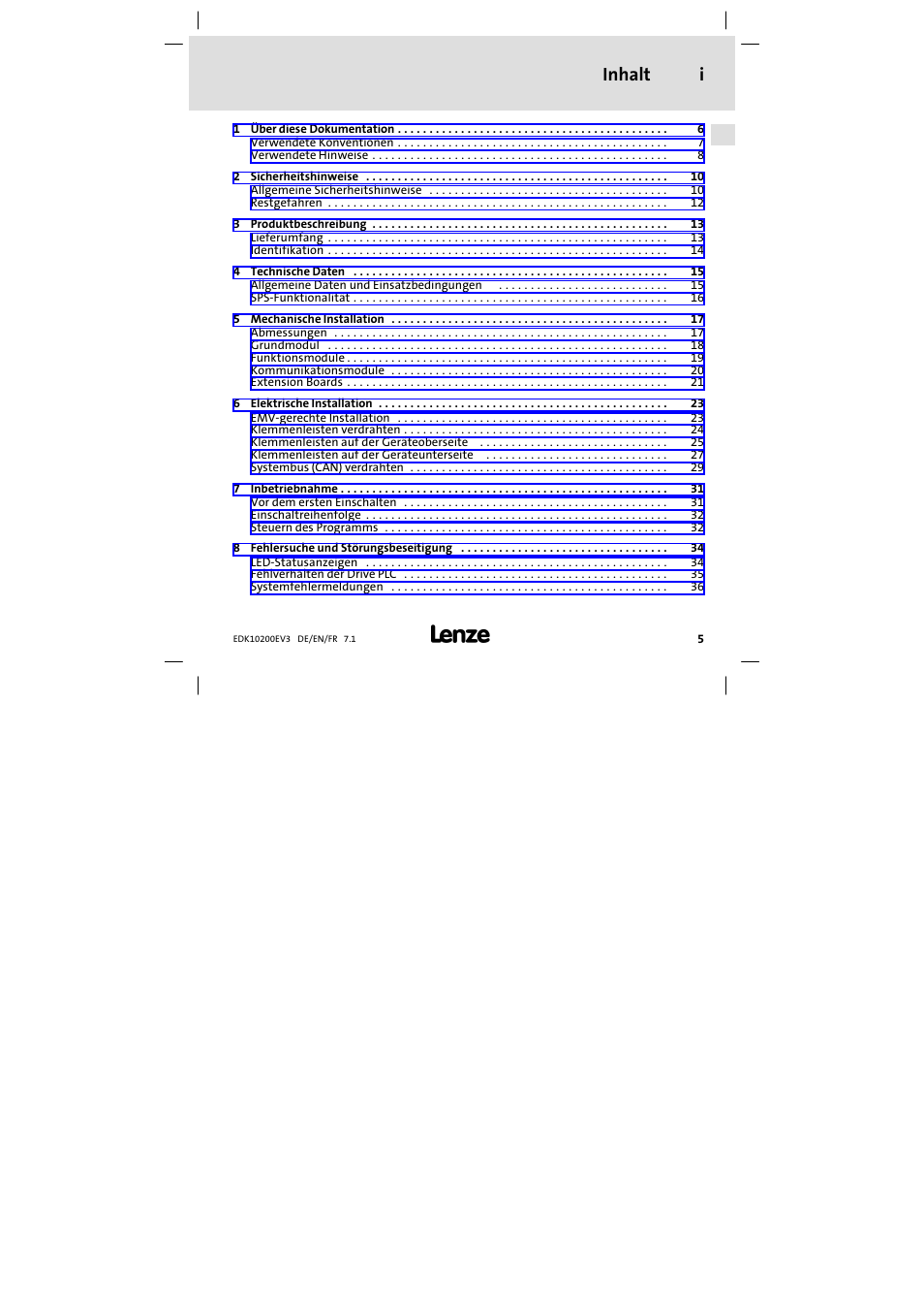 Inhalt, Inhalt i | Lenze EPL1020x−EI User Manual | Page 5 / 110