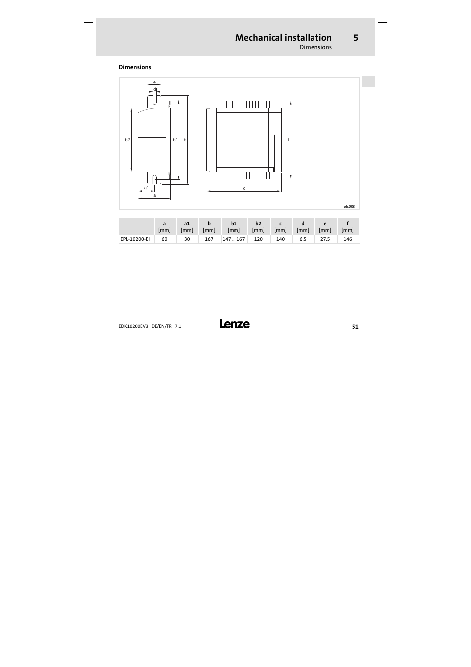 5 mechanical installation, Dimensions, Mechanical installation | Lenze EPL1020x−EI User Manual | Page 51 / 110