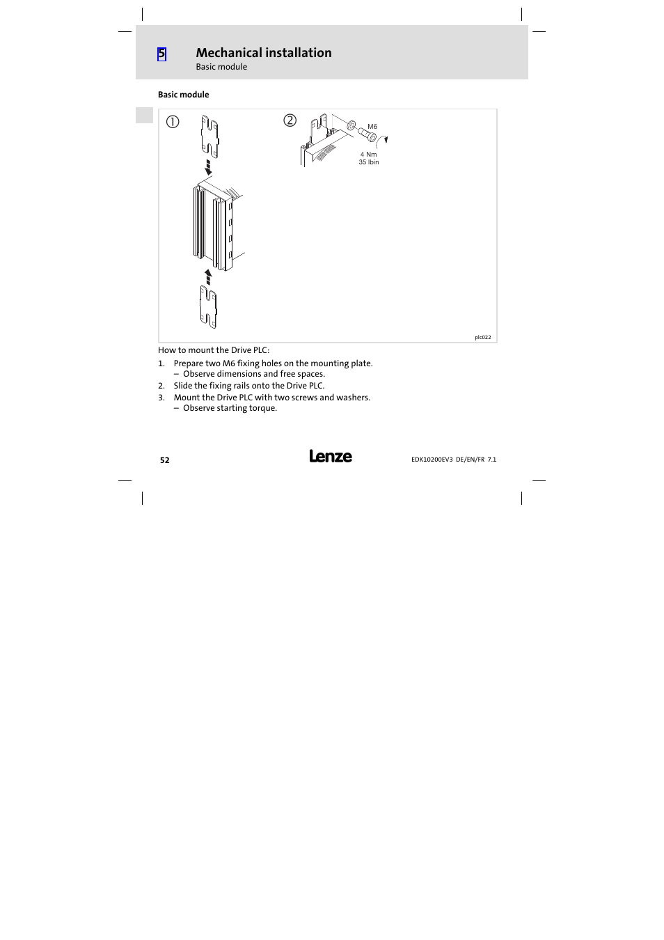 Basic module, Mechanical installation | Lenze EPL1020x−EI User Manual | Page 52 / 110