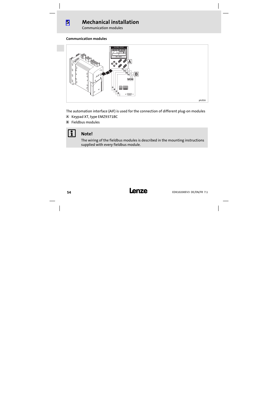 Communication modules, Mechanical installation | Lenze EPL1020x−EI User Manual | Page 54 / 110