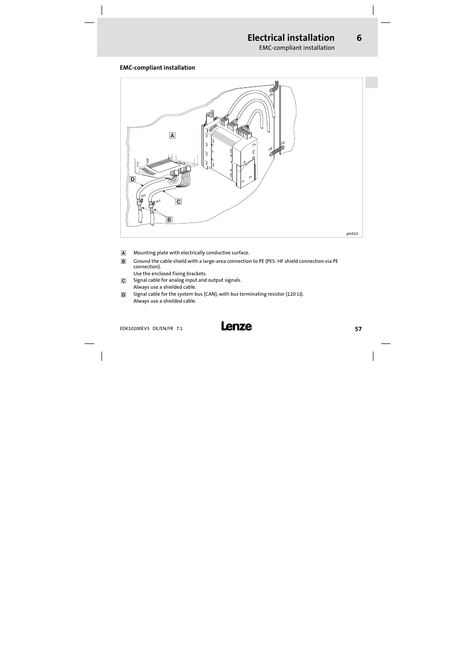 6 electrical installation, Emc-compliant installation, Emc−compliant installation | Electrical installation | Lenze EPL1020x−EI User Manual | Page 57 / 110