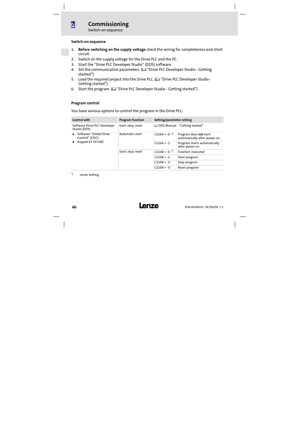 Switch-on sequence, Program control, Switch−on sequence | Commissioning | Lenze EPL1020x−EI User Manual | Page 66 / 110