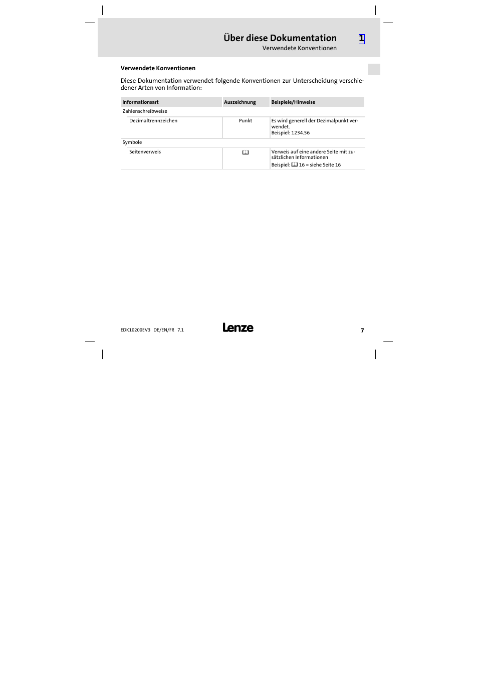 Verwendete konventionen, Über diese dokumentation | Lenze EPL1020x−EI User Manual | Page 7 / 110