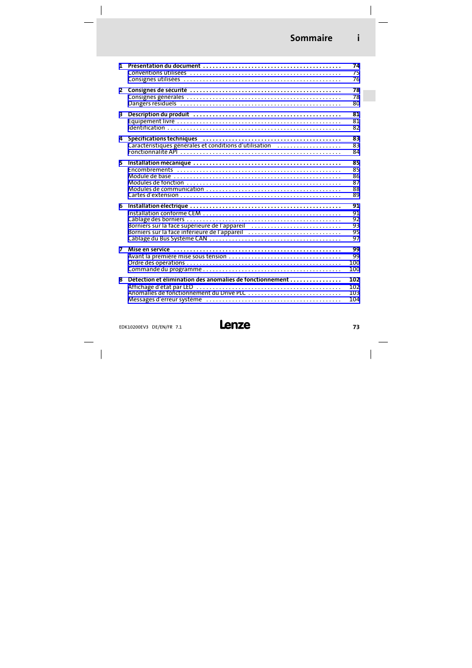Sommaire, Sommaire i | Lenze EPL1020x−EI User Manual | Page 73 / 110