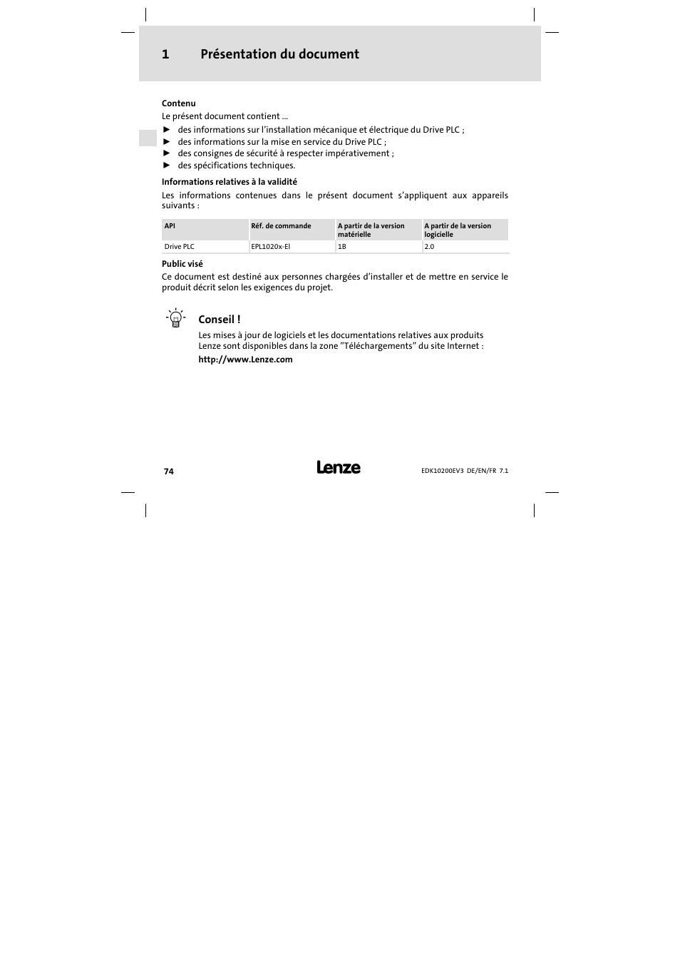 1 présentation du document, Présentation du document 1 | Lenze EPL1020x−EI User Manual | Page 74 / 110