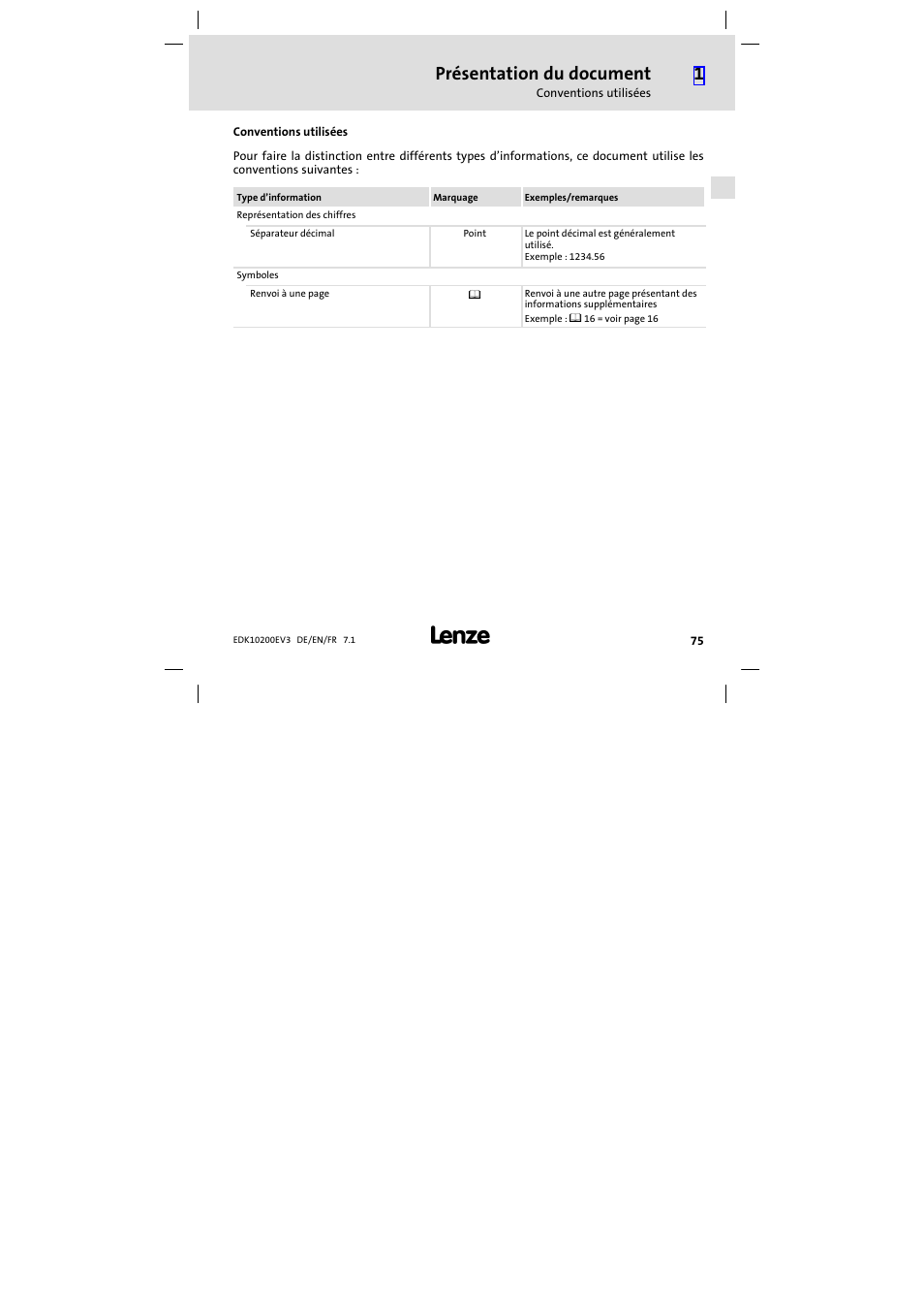 Conventions utilisées, Présentation du document | Lenze EPL1020x−EI User Manual | Page 75 / 110