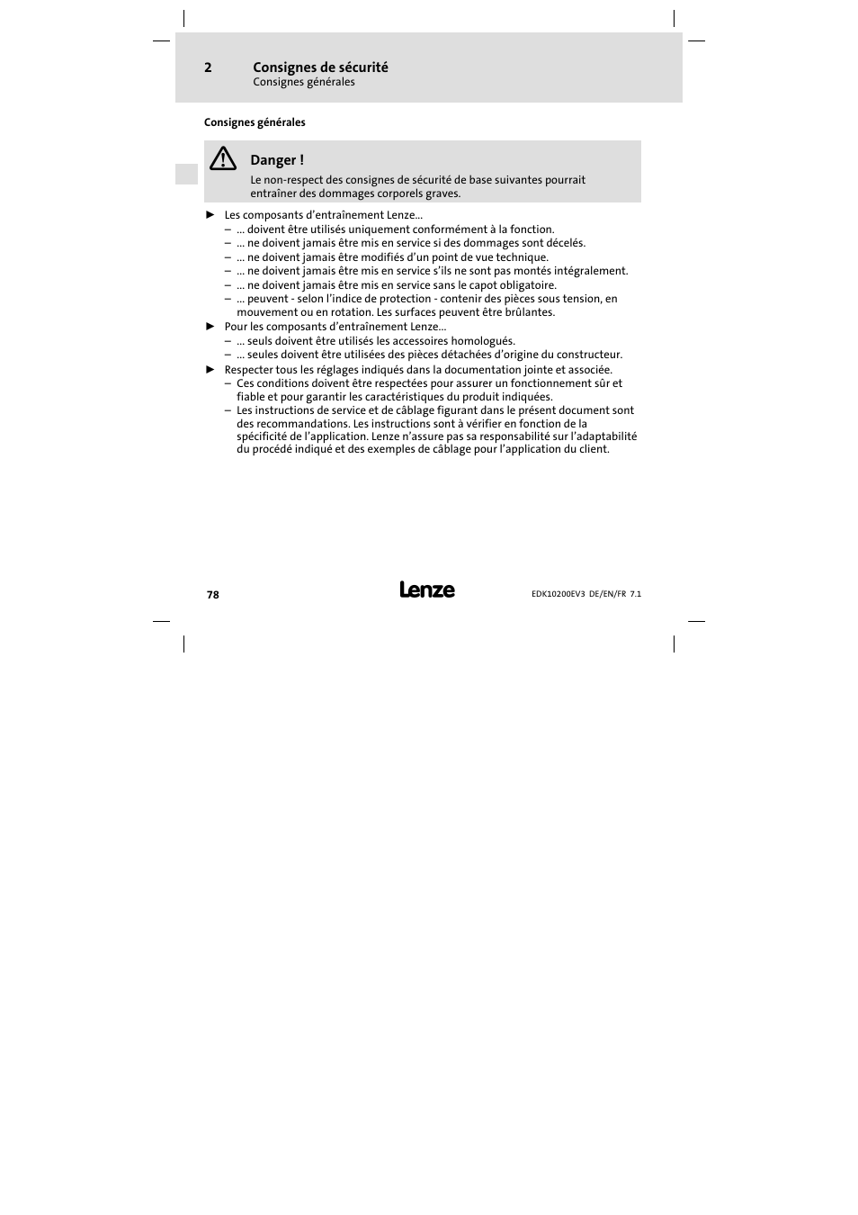 2 consignes de sécurité, Consignes générales | Lenze EPL1020x−EI User Manual | Page 78 / 110