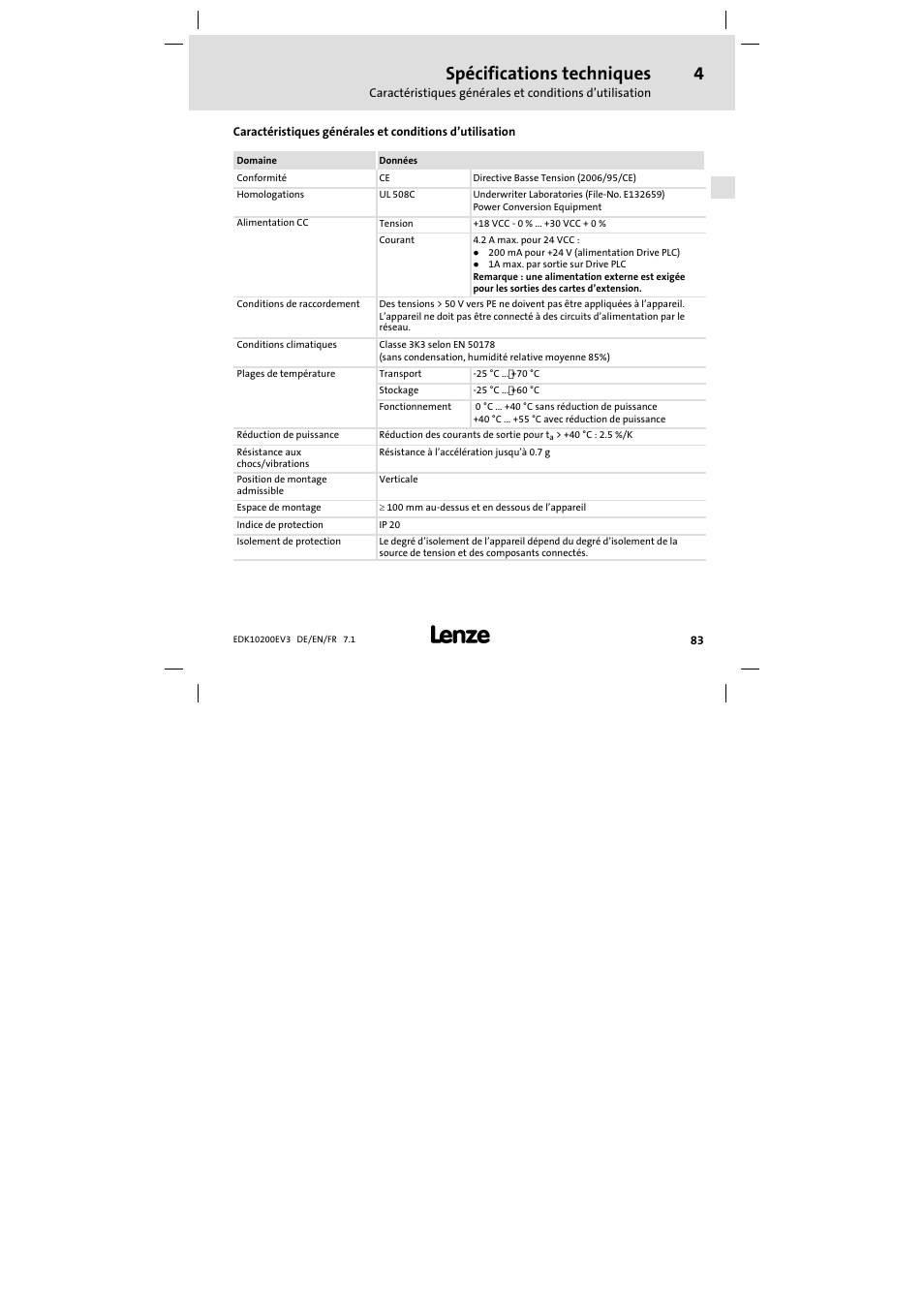 4 spécifications techniques, Spécifications techniques | Lenze EPL1020x−EI User Manual | Page 83 / 110