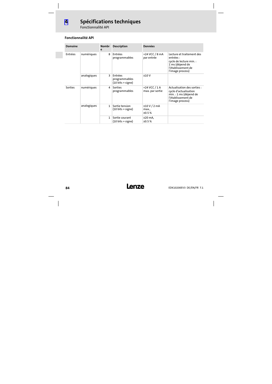 Fonctionnalité api, Spécifications techniques | Lenze EPL1020x−EI User Manual | Page 84 / 110