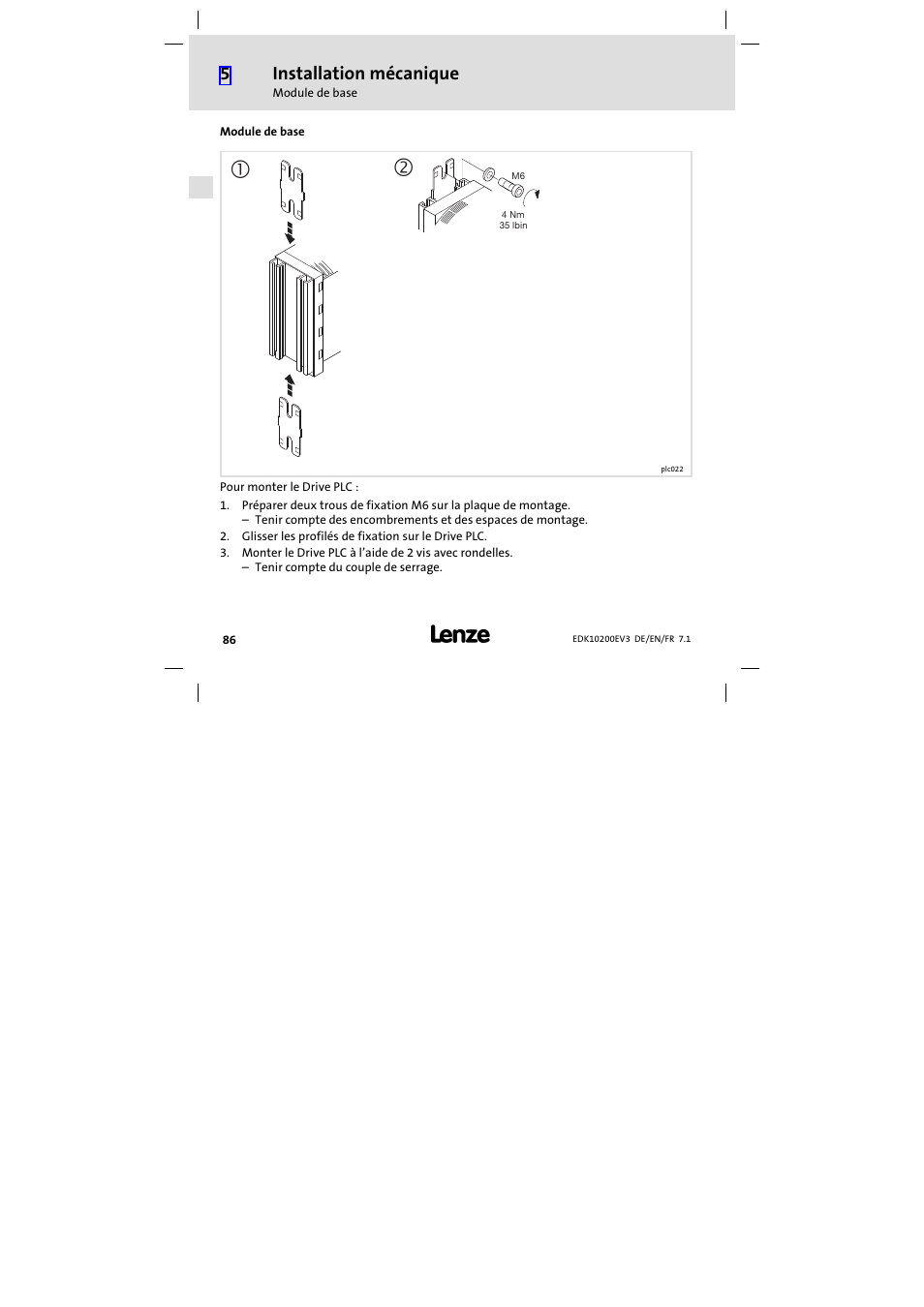 Module de base, Installation mécanique | Lenze EPL1020x−EI User Manual | Page 86 / 110