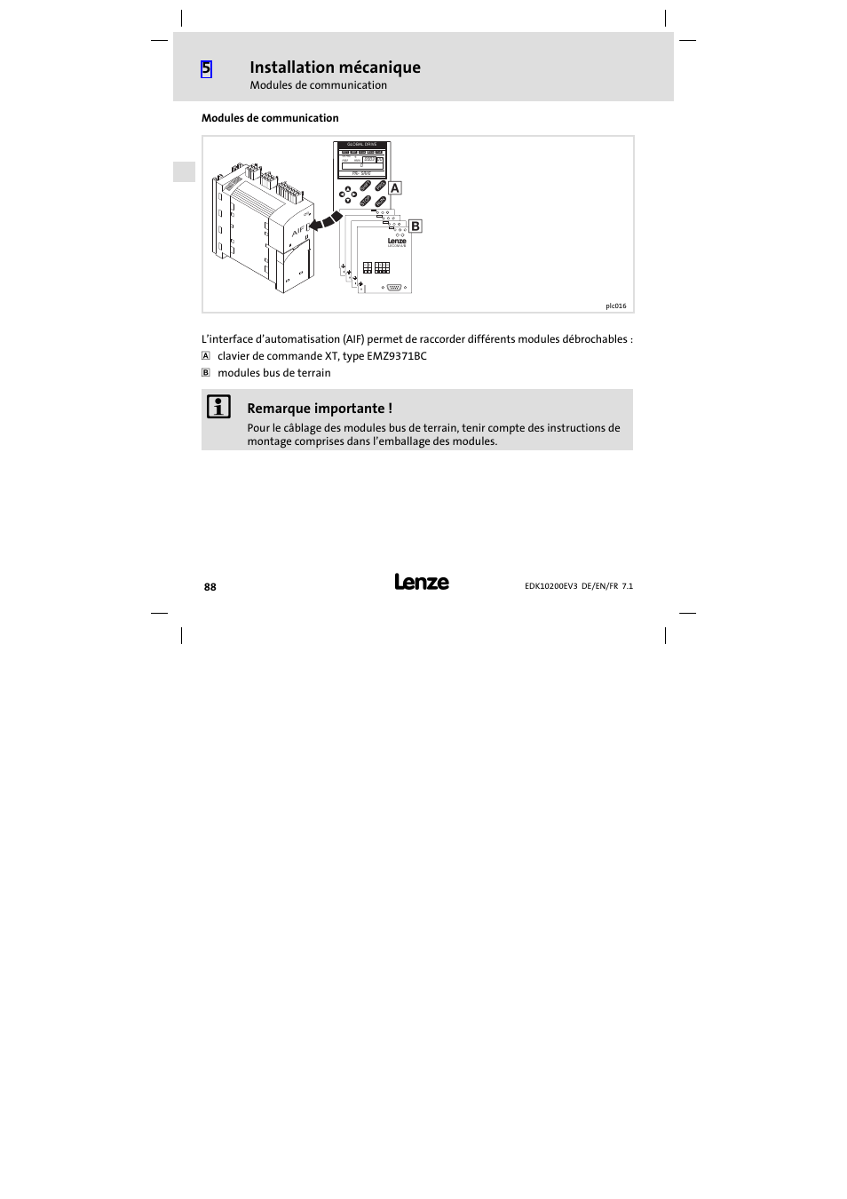 Modules de communication, Installation mécanique, Remarque importante | Lenze EPL1020x−EI User Manual | Page 88 / 110
