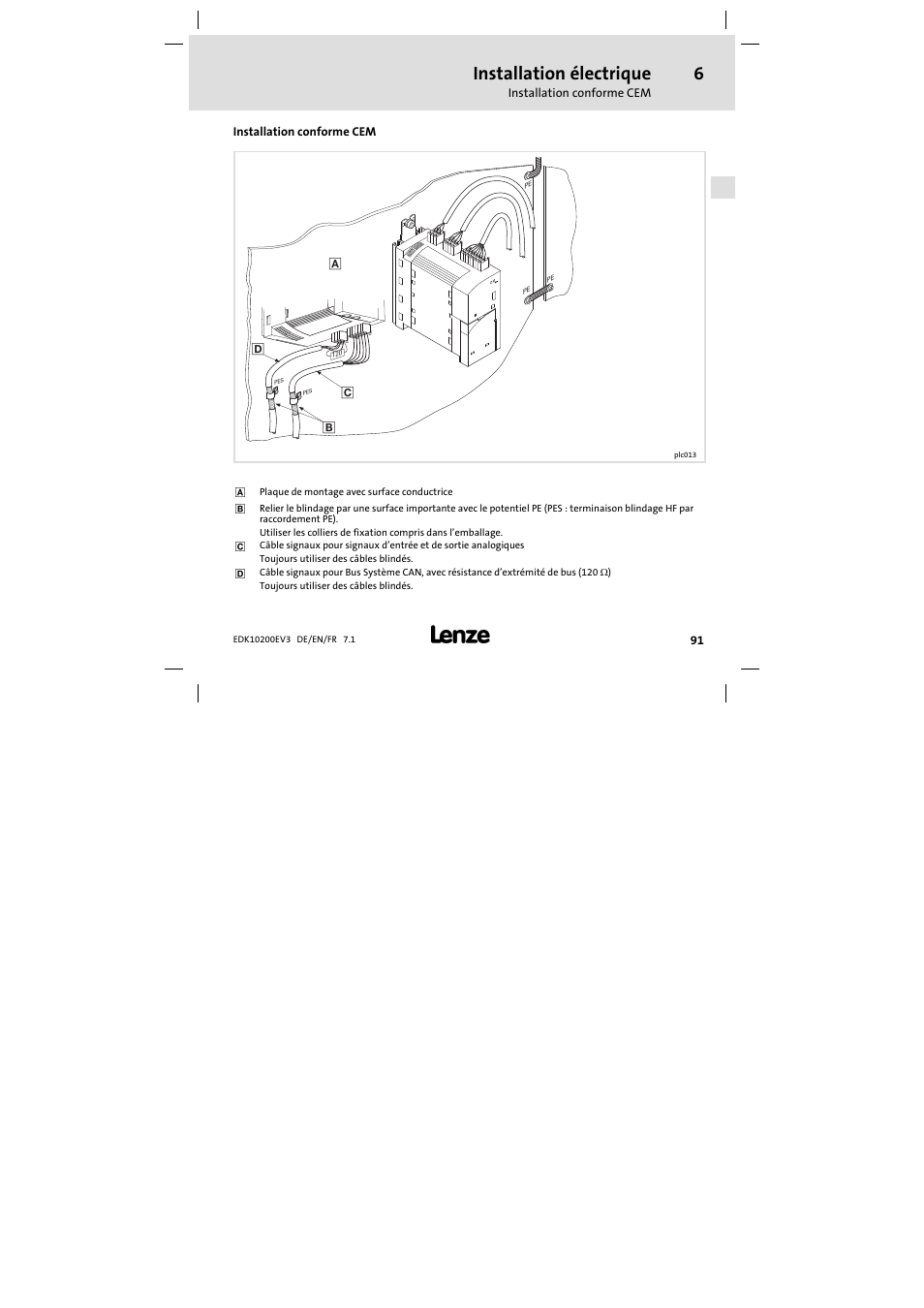 6 installation électrique, Installation conforme cem, Installation électrique | Lenze EPL1020x−EI User Manual | Page 91 / 110