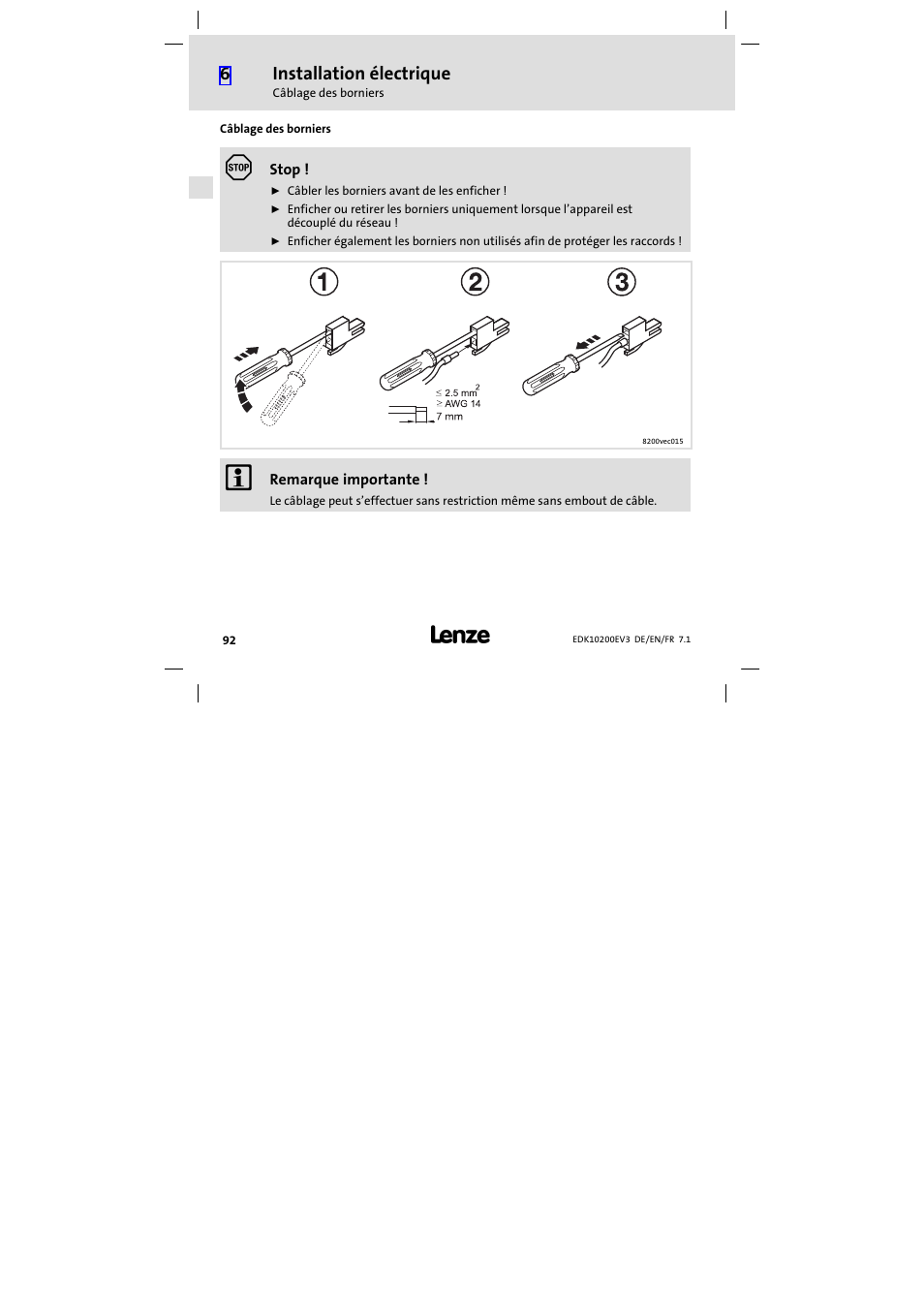 Câblage des borniers, Installation électrique | Lenze EPL1020x−EI User Manual | Page 92 / 110