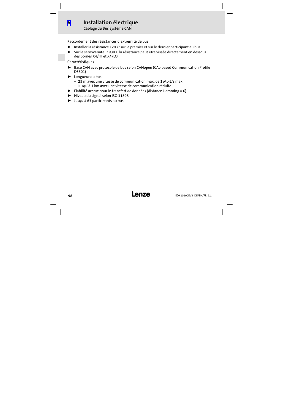 Installation électrique | Lenze EPL1020x−EI User Manual | Page 98 / 110