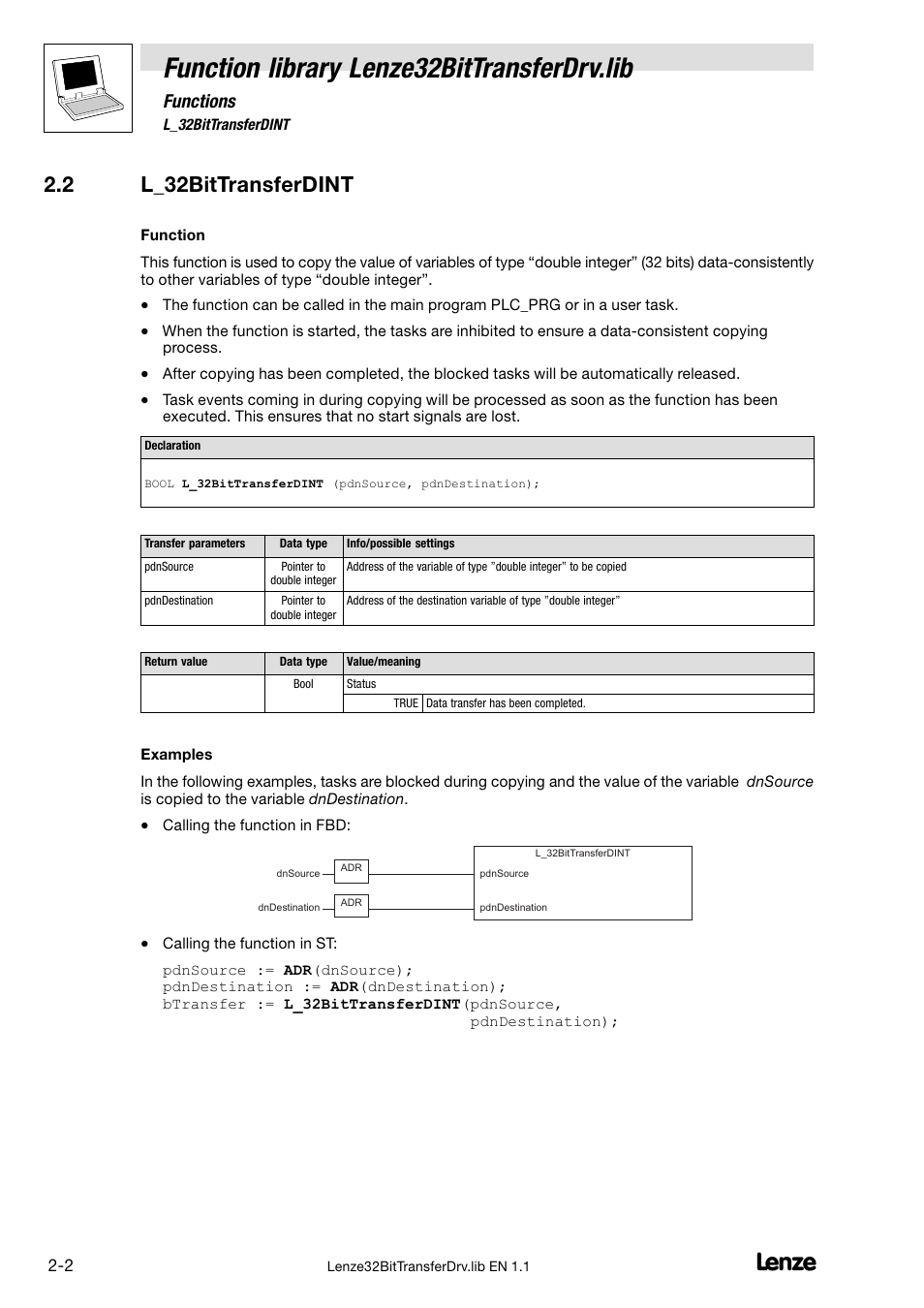 2 l_32bittransferdint, L_32bittransferdint, Function library lenze32bittransferdrv.lib | Functions | Lenze DDS v1.1 User Manual | Page 10 / 11