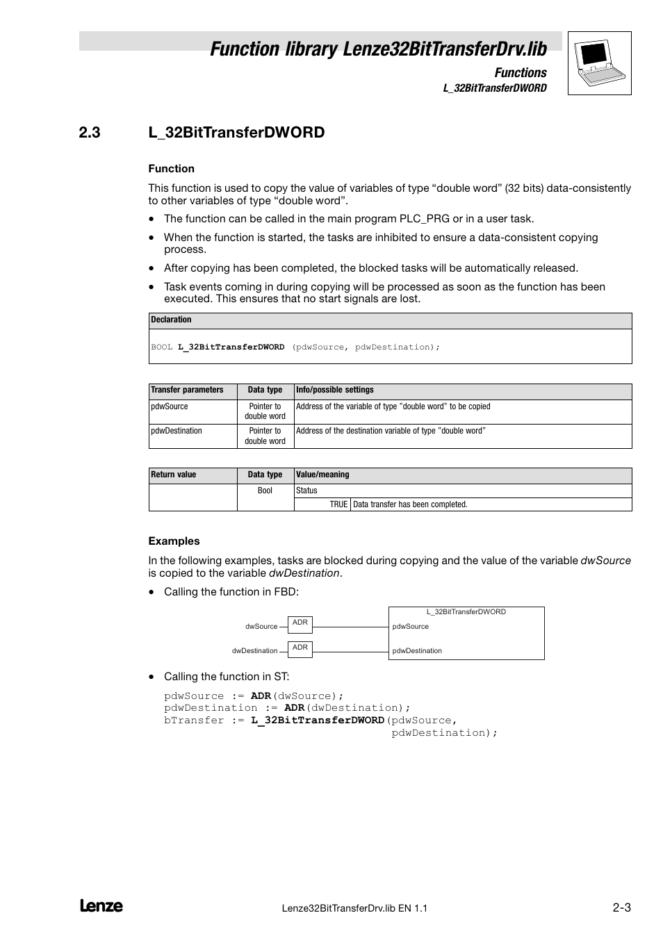 3 l_32bittransferdword, L_32bittransferdword, Function library lenze32bittransferdrv.lib | Functions | Lenze DDS v1.1 User Manual | Page 11 / 11