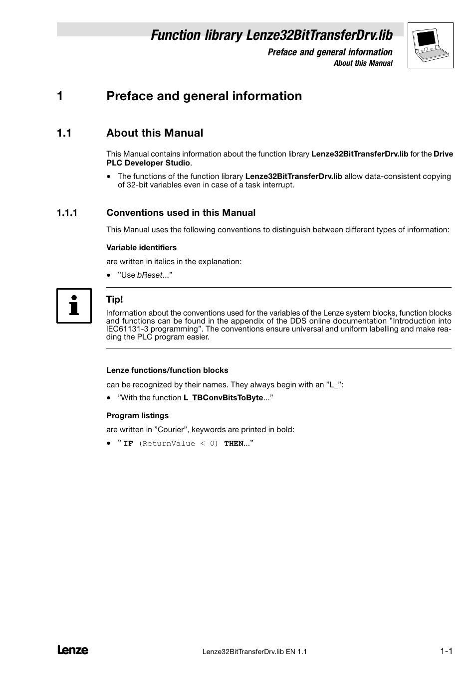 1 preface and general information, 1 about this manual, 1 conventions used in this manual | About this manual, Conventions used in this manual, Function library lenze32bittransferdrv.lib, 1preface and general information | Lenze DDS v1.1 User Manual | Page 5 / 11