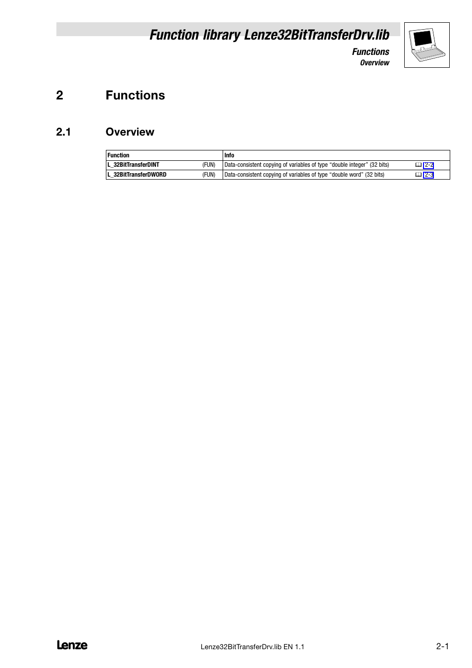 2 functions, 1 overview, Overview | Function library lenze32bittransferdrv.lib, 2functions | Lenze DDS v1.1 User Manual | Page 9 / 11