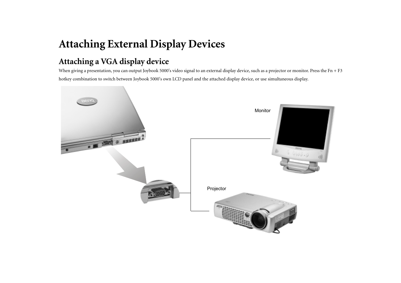 Attaching external display devices, Attaching a vga display device | BenQ Joybook 5000 User Manual | Page 29 / 40