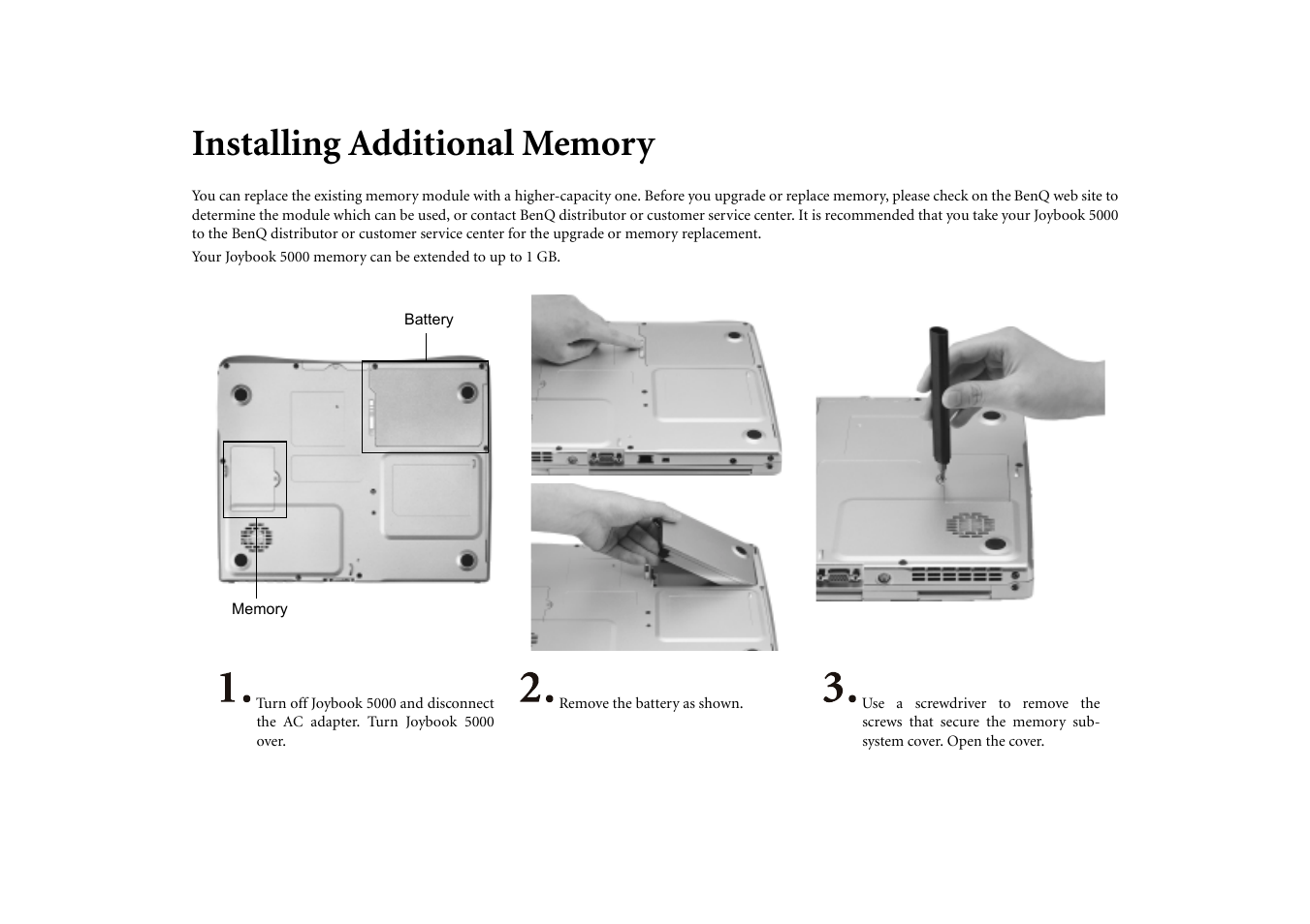 Installing additional memory | BenQ Joybook 5000 User Manual | Page 31 / 40