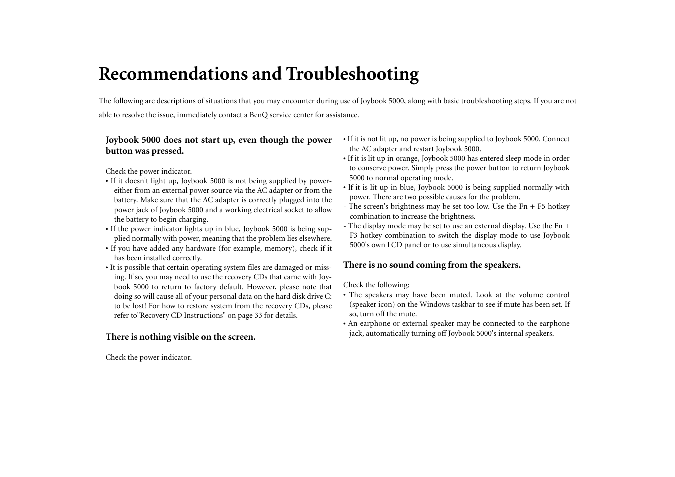 Recommendations and troubleshooting | BenQ Joybook 5000 User Manual | Page 33 / 40