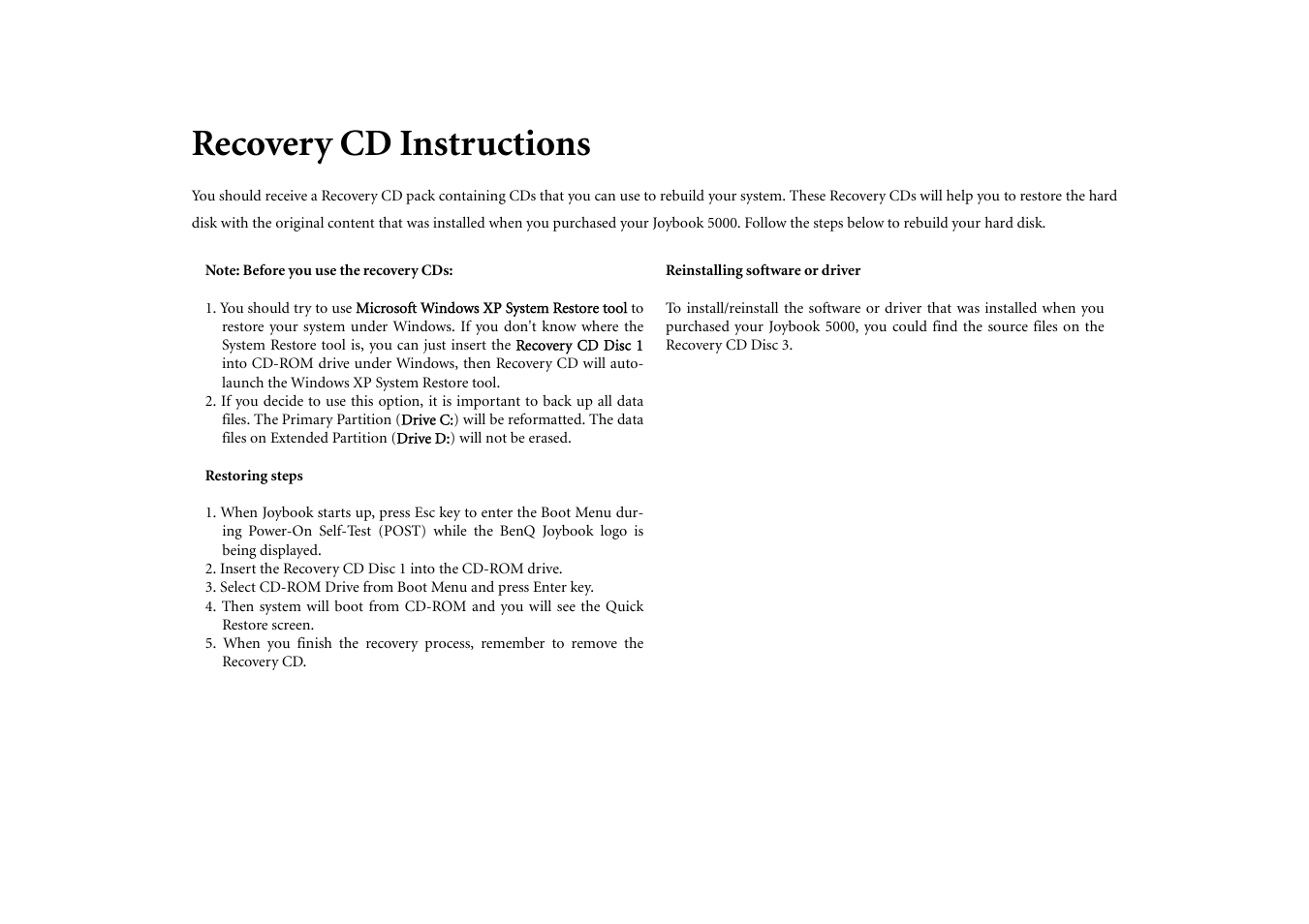 Recovery cd instructions | BenQ Joybook 5000 User Manual | Page 35 / 40