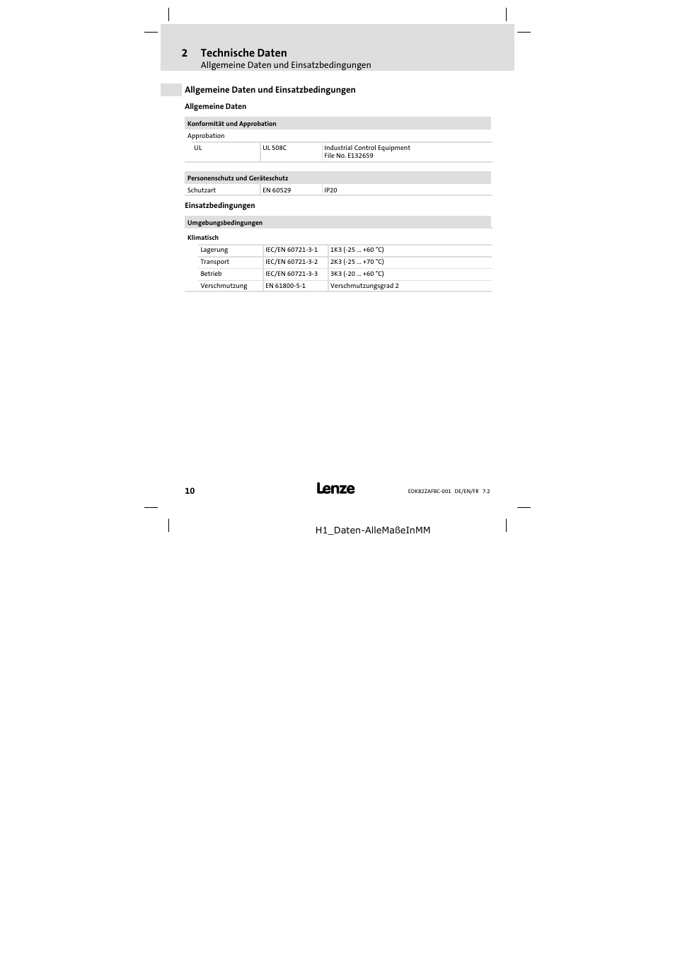 2 technische daten, Allgemeine daten und einsatzbedingungen, Technische daten | 2technische daten | Lenze E82ZAFBC001 User Manual | Page 10 / 64