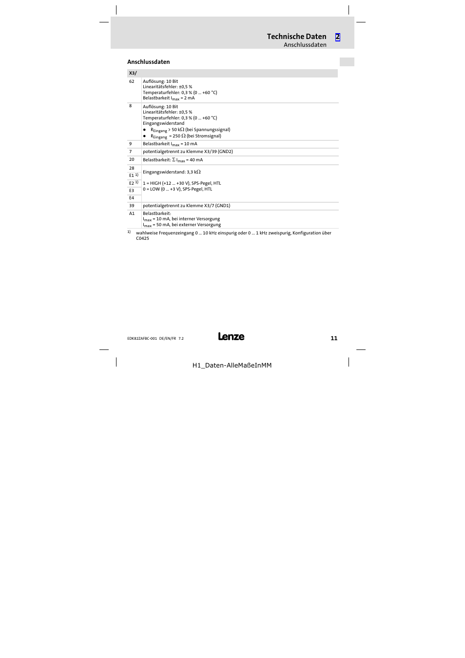 Anschlussdaten, Technische daten | Lenze E82ZAFBC001 User Manual | Page 11 / 64