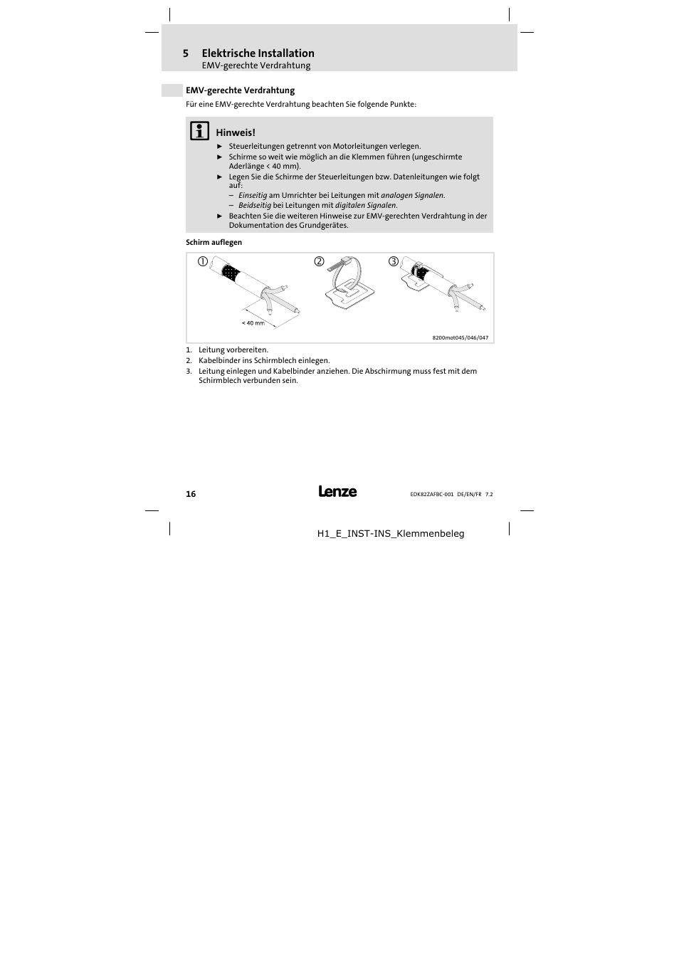 5 elektrische installation, Emv-gerechte verdrahtung, Elektrische installation | Emv−gerechte verdrahtung | Lenze E82ZAFBC001 User Manual | Page 16 / 64