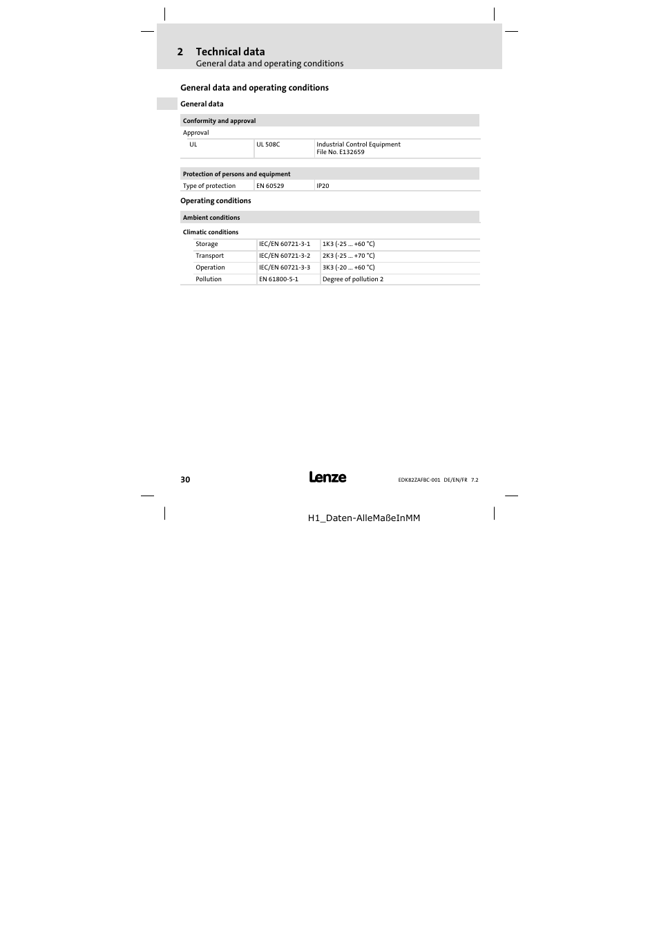 2 technical data, General data and operating conditions, Technical data | 2technical data | Lenze E82ZAFBC001 User Manual | Page 30 / 64