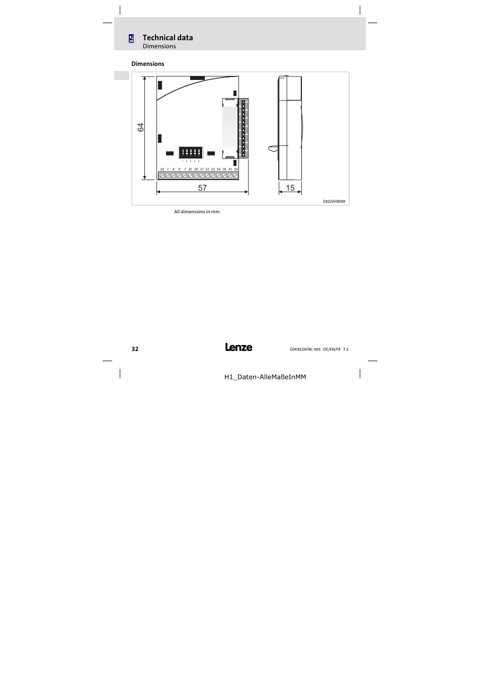 Dimensions, 2technical data | Lenze E82ZAFBC001 User Manual | Page 32 / 64