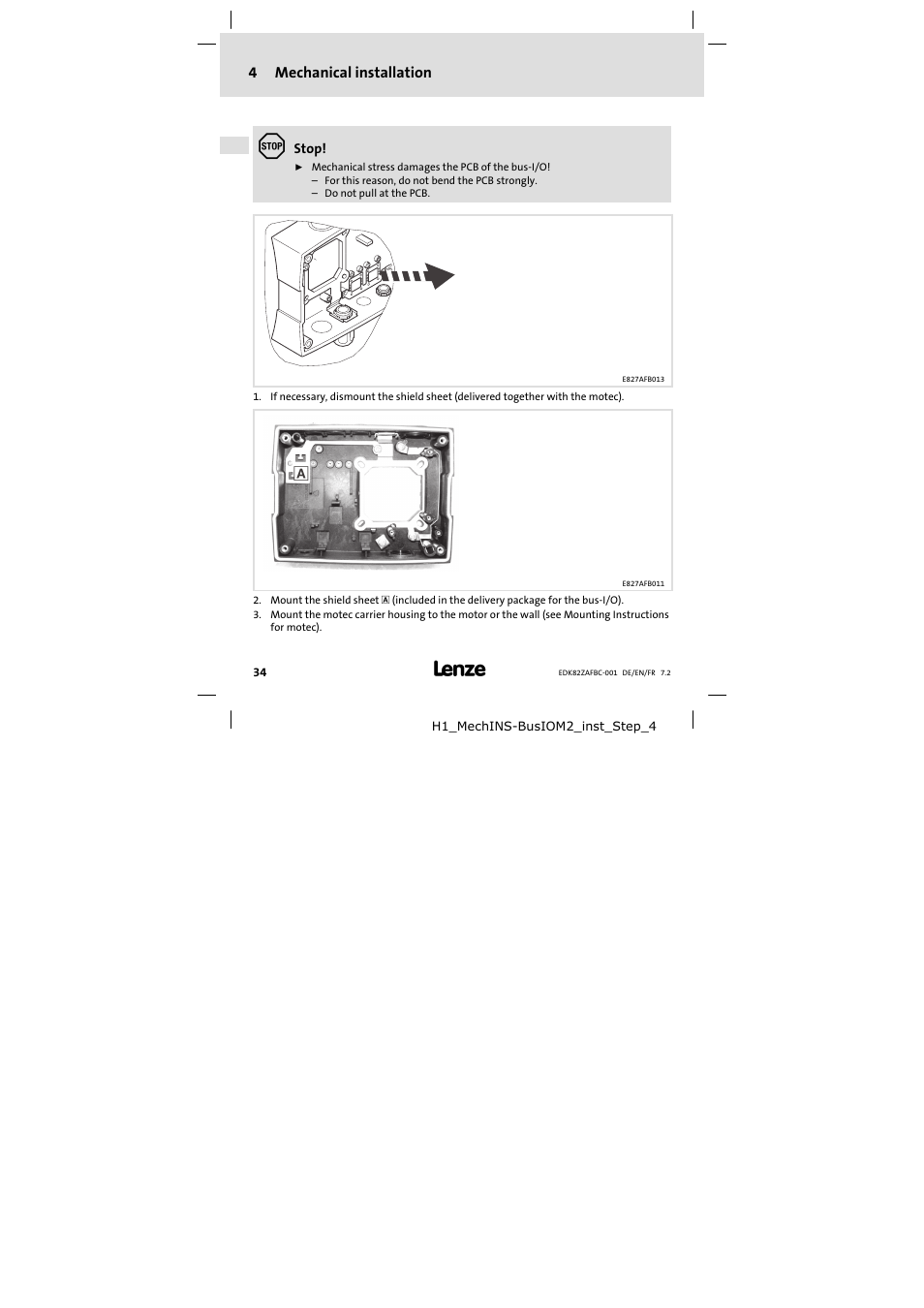 4 mechanical installation, Mechanical installation | Lenze E82ZAFBC001 User Manual | Page 34 / 64