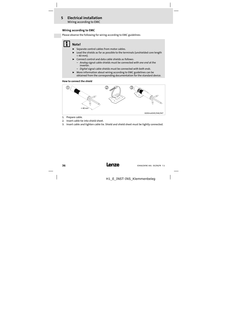 5 electrical installation, Wiring according to emc, Electrical installation | Lenze E82ZAFBC001 User Manual | Page 36 / 64