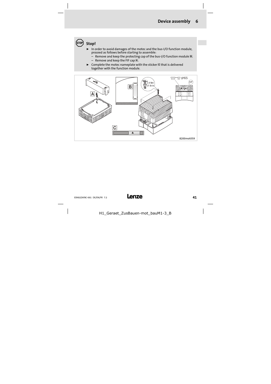 6 device assembly, Device assembly | Lenze E82ZAFBC001 User Manual | Page 41 / 64