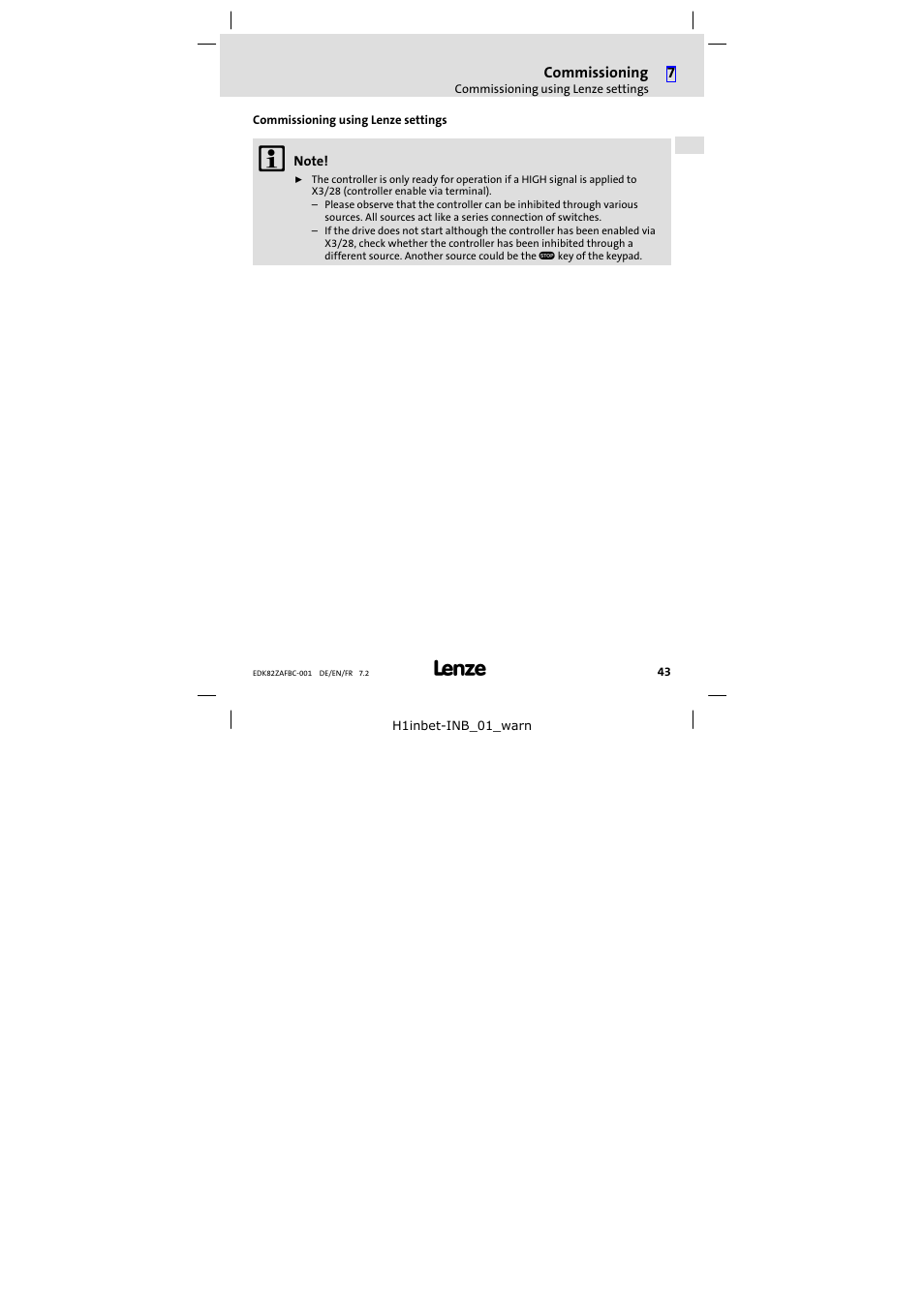 Commissioning using lenze settings | Lenze E82ZAFBC001 User Manual | Page 43 / 64