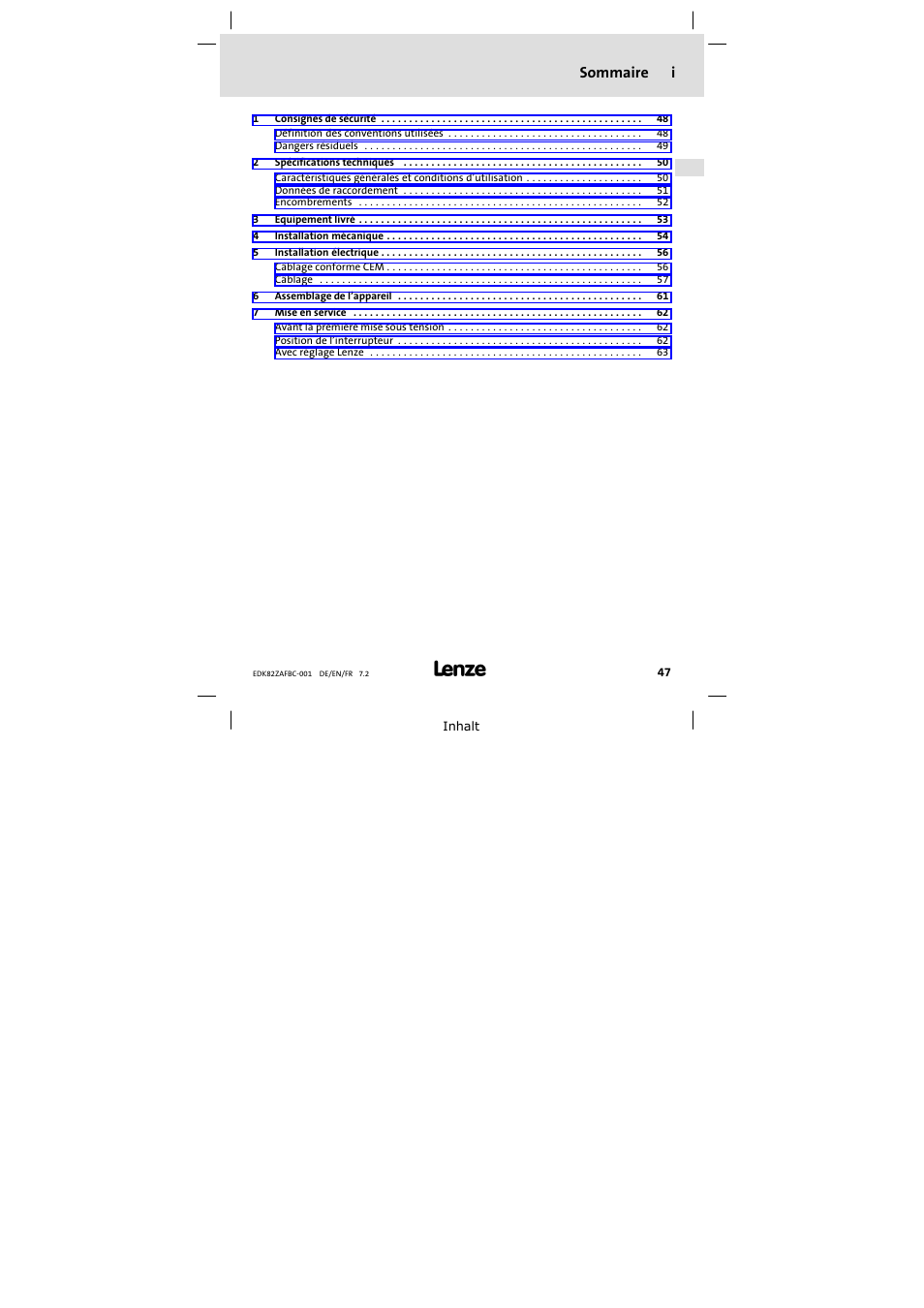 Sommaire, Sommaire i | Lenze E82ZAFBC001 User Manual | Page 47 / 64