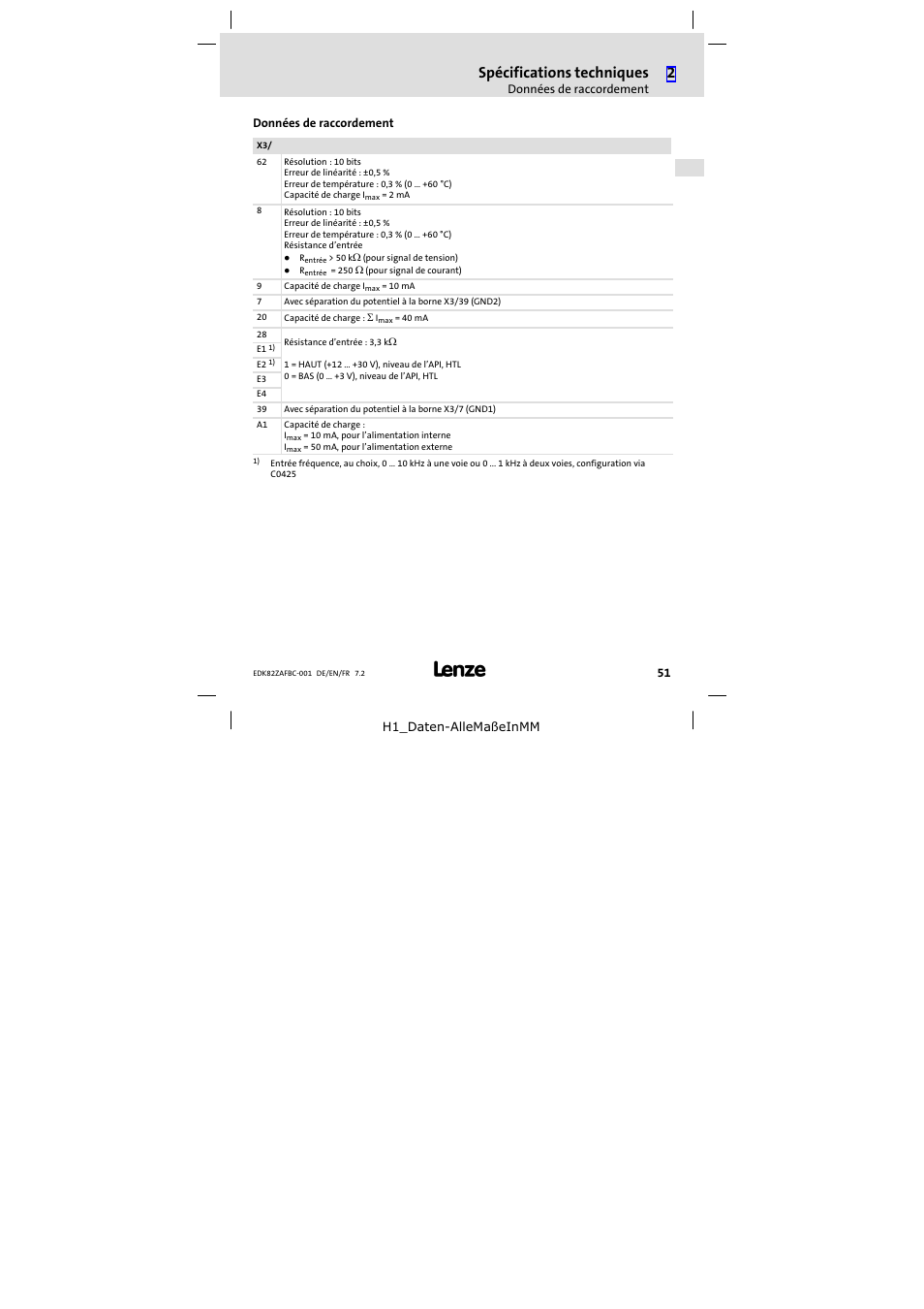Données de raccordement, Spécifications techniques | Lenze E82ZAFBC001 User Manual | Page 51 / 64
