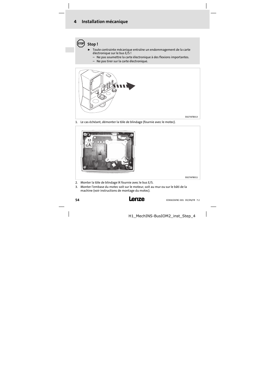 4 installation mécanique, Installation mécanique | Lenze E82ZAFBC001 User Manual | Page 54 / 64